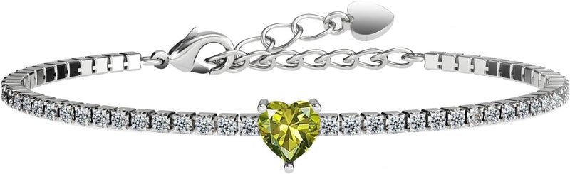 AllenCOCO Sterling Silver Heart Birthstone Bracelet, 14K White Gold Plated, AAAAA+ CZ Cubic Zirconia, Tennis Chain with Heart Charm, Hypoallergenic, Non-Tarnish Jewelry Gift for Women - Image 1